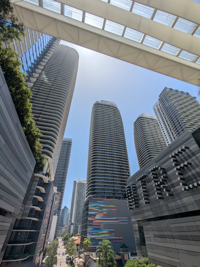 Stunning view of towering modern skyscrapers in downtown Miami, showcasing urban architecture.